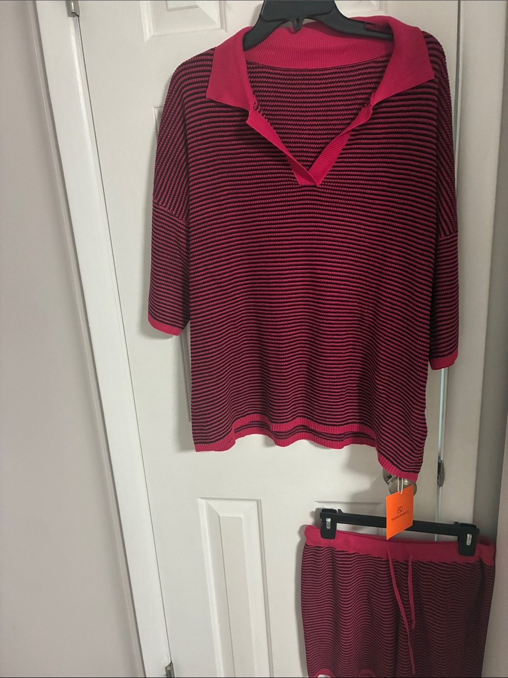 Tankini Pink & Black Striped Polo Top & shorts